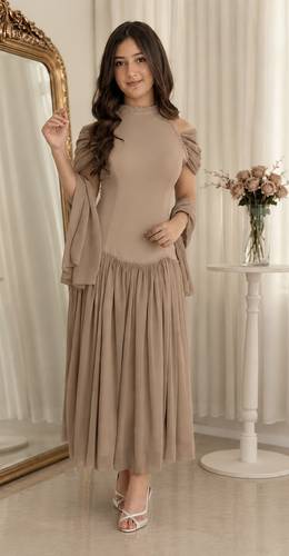 فستان سن محير اللون بيج - XS