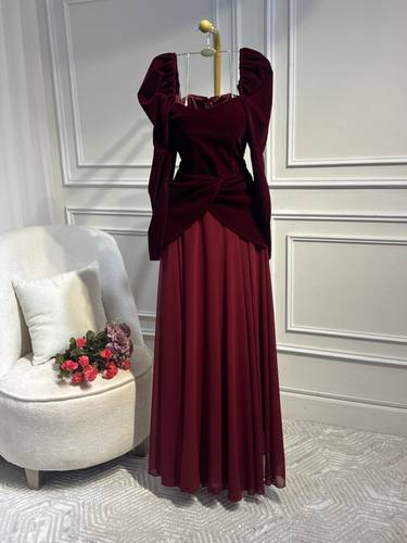 فستان بخامتين الجوخ والجورجيت - 3XL - زيتي