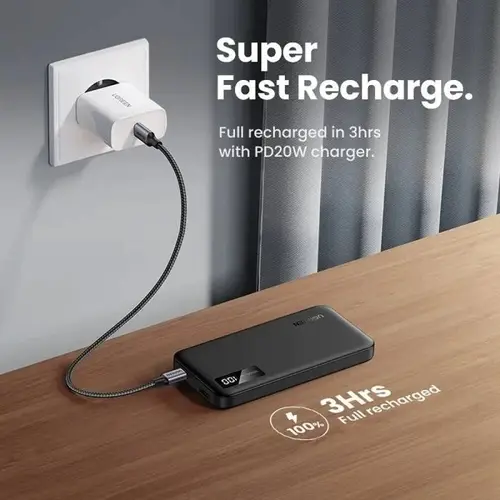 شاحن متنقل Ultra Slim بمنفذ PD ومنفذ USB بسعة 10000MAH بقوة 20W مع شاشة رقمية - من يوجرين - أسود