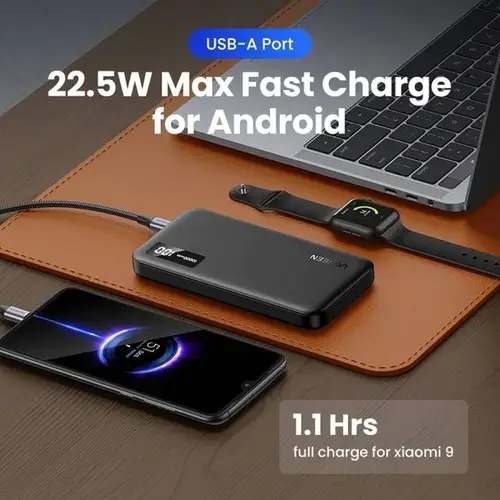 شاحن متنقل Ultra Slim بمنفذ PD ومنفذ USB بسعة 10000MAH بقوة 20W مع شاشة رقمية - من يوجرين - أسود
