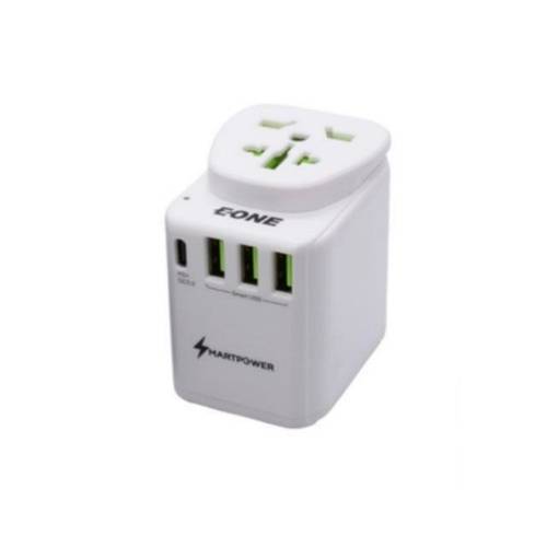 فيش السفر العالمي مع 3 منافذ USB ومنفذ USB-C بقوة 45W من E ONE - ابيض	