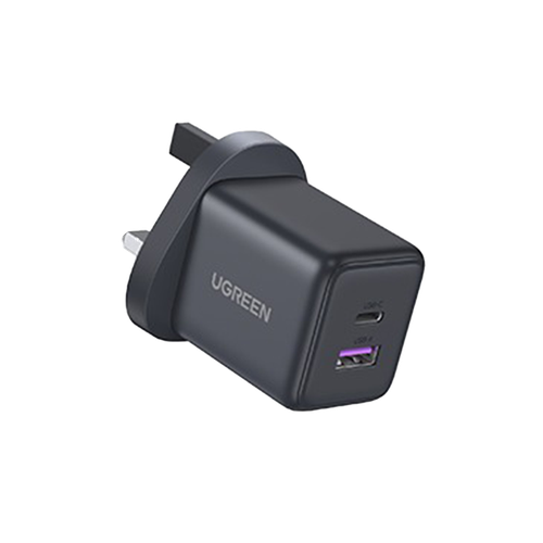 شاحن جداري بمنفذ USB-C ومنفذ USB-A بقوة 30W وتقنية GaN من يوجرين - رمادي