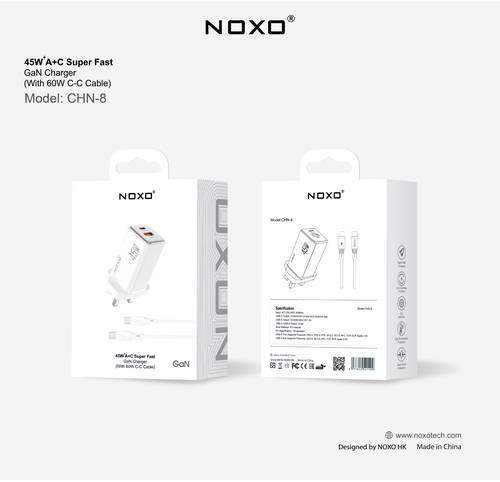 فيش جداري بقوة 45W بمخرجين USB-C و USB-A مع تقنية GAN مع كيبل USB-C TO USB-C من NOXO - أبيض