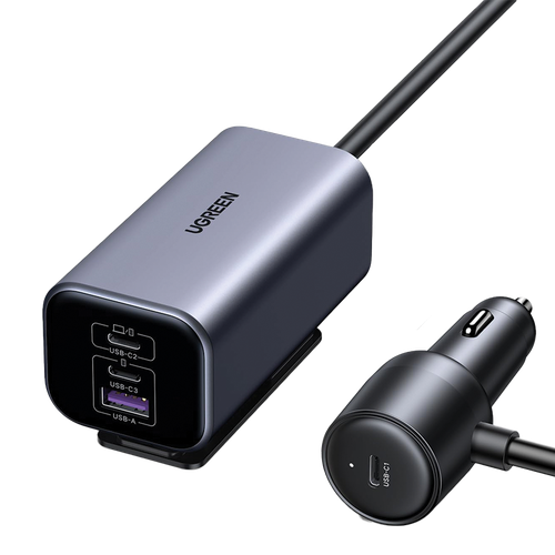 شاحن سيارة بمنفذ USB-C مع منصة شحن سلكية بطول 1M بمنفذين USB-C ومنفذ USB-A بقوة 150W من يوجرين - رمادي