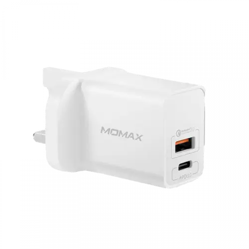  شاحن جداري بمنفذ USB ومنفذ PD بقوة 20 واط من موماكس - ابيض
