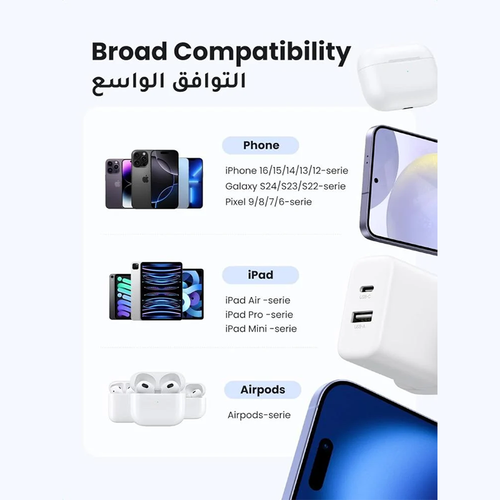 شاحن جداري بمنفذ USB-C ومنفذ USB-A بقوة 20W من يوجرين - اسود