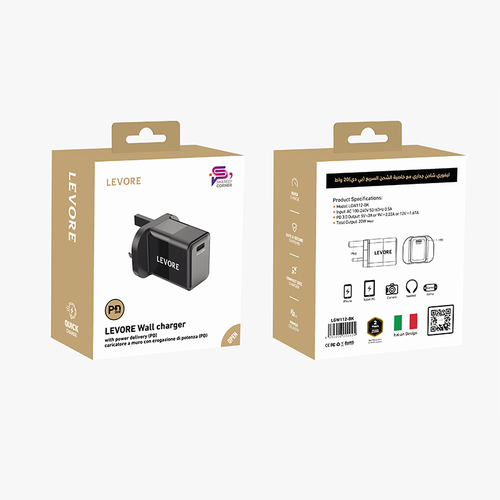 فيش جداري ليفوري 20W منفذ PD - اسود