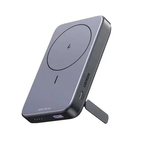بطارية متنقلة بسعة 10000MAH بمخرج USB-A ومخرج USB-C ويدعم الشحن اللاسلكي وتقنية ماج سيف مع ستاند مدمج من يوجرين - رمادي