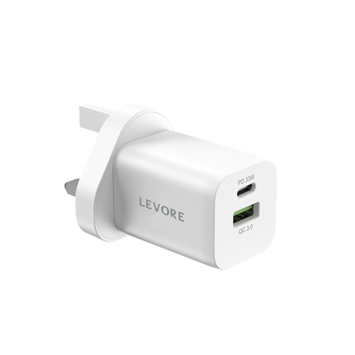 فيش جداري بمنفذين USB-A و PD بقوة 33 واط من ليفوري - ابيض