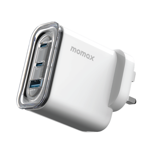 فيش جداري 1Charge Flow بمنفذين pd ومنفذ USB-A بقوة 80W وتقنية Gan من موماكس - أبيض