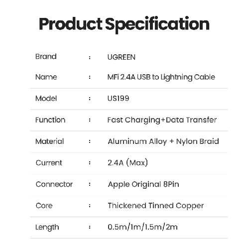 كيبل USB-A to Lightning قماش بطول 2م من يوجرين