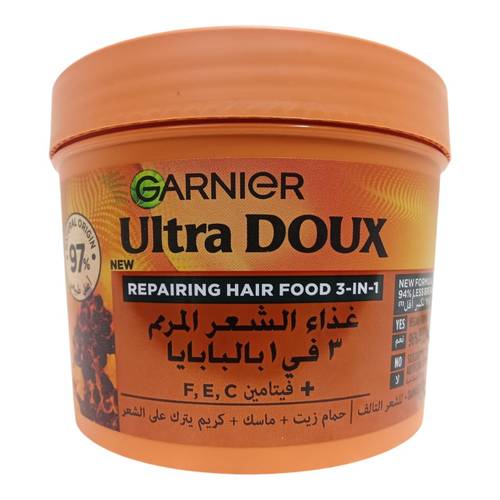 غذء الشعر المرمم ( حمام زيت + ماسك + كريم) بالبابايا الترادوكس من غارنييه - 390مل Garnier Ultra Doux Papaya Restorative Hair Food (Oil Bath + Mask + Cream) - 390ml