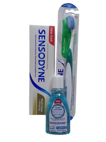 طقم سنسوداين يحتوي على معجون اسنان 75مل + غسول فم 50مل + فرشاه Sensodyne set contains 75ml toothpaste + 50ml mouthwash + brush