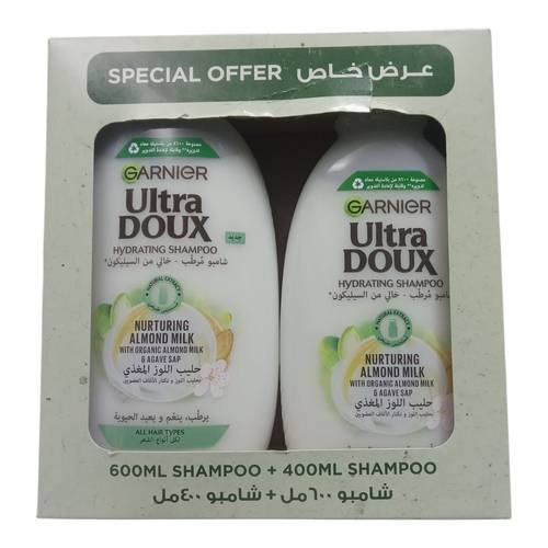 شامبو مرطب بحليب اللوز المغذي الترا دوكس طقم من غارنييه - 600مل + 400مل Garnier Ultra Doux Nourishing Almond Milk Moisturizing Shampoo Set - 600ml + 400ml