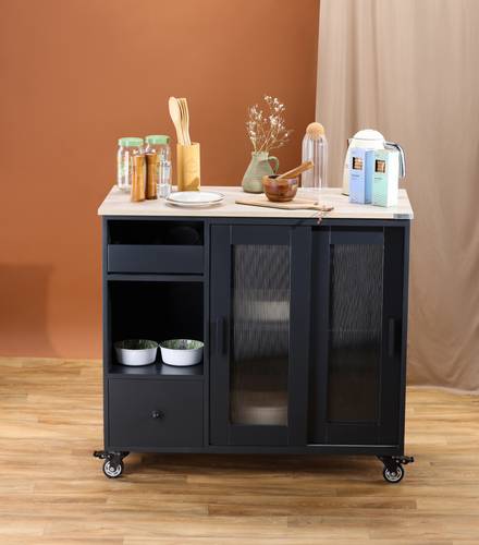 جزيرة مطبخ متحركة Black Grey مع زجاج