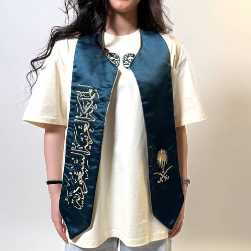 شال تطريز ساتان اخضر ملكي