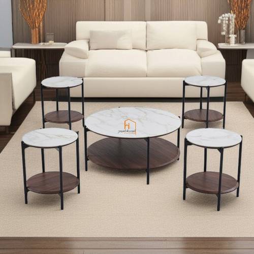 طقم طاولات خدمة سطح سيراميك - 90X90X45 سم - 5 قطع - بني