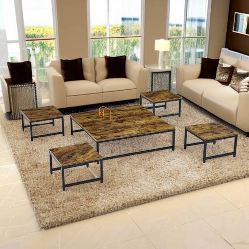 طقم طاولات ارضية خشب- 5 قطع - 90X90X26 سم  - بني