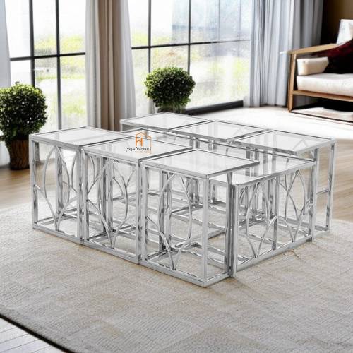 طقم طاولات خدمة سطح زجاج - 130X70X45 سم - 7 قطع - ذهبي