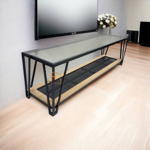 طاوله تلفزيون بلازما سطح زجاج -  180X42X50 سم - خشبي