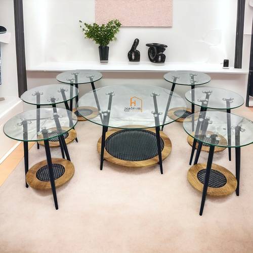 طقم طاولات خدمة سطح زجاج - 80X80X45 سم - 7 قطع - بني