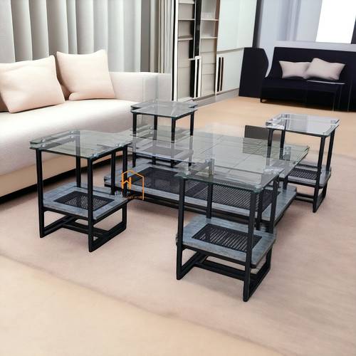طقم طاولات خدمة زجاج & خشب - 120X60X45 سم - 5 قطع