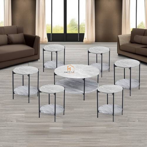 طقم طاولات خدمة سطح سيراميك - 90X90X45 سم - 7 قطع - رمادي