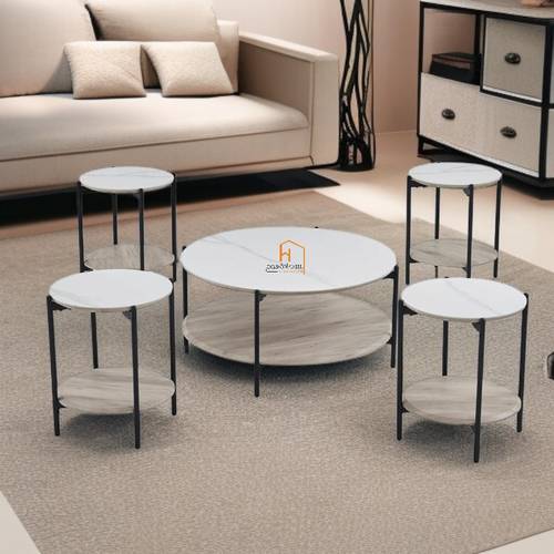 طقم طاولات خدمة سطح سيراميك - 90X90X45 سم - 5 قطع - بيج