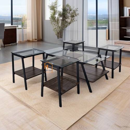 طقم طاولات خدمة زجاج & خشب - 120X60X45 سم - 5 قطع