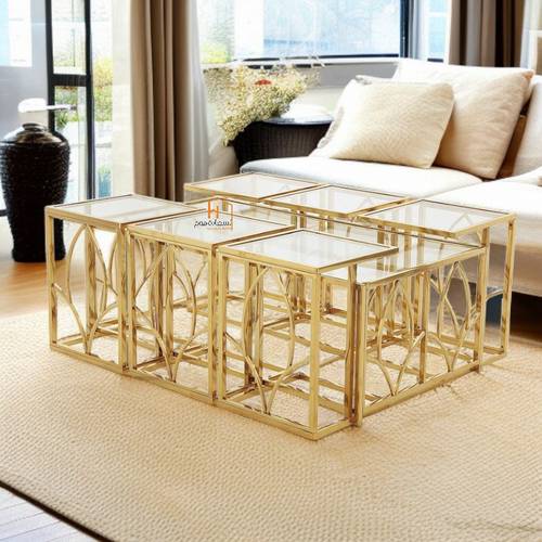 طقم طاولات خدمة سطح زجاج - 130X70X45 سم - 7 قطع - ذهبي