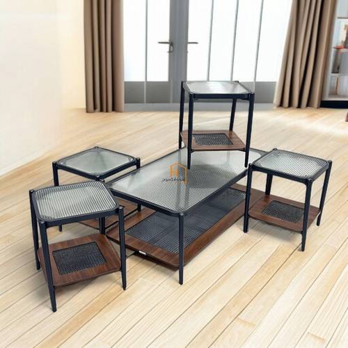 طقم طاولات خدمة سطح زجاج - 120X60X45 سم - 5 قطع - كوفي