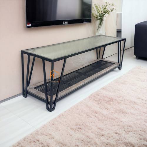 طاوله تلفزيون بلازما سطح زجاج -  160X42X50 سم - رمادي