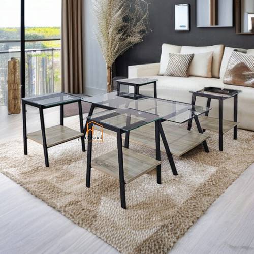 طقم طاولات خدمة زجاج & خشب - 120X60X45 سم - 5 قطع
