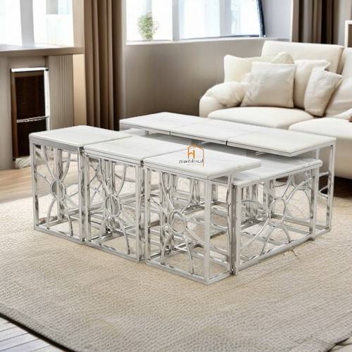 طقم طاولات خدمة سطح رخام - 130X70X45 سم - 7 قطع - فضي