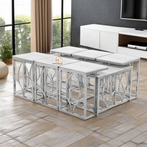 طقم طاولات خدمة سطح رخام - 130X70X45 سم - 7 قطع - فضي