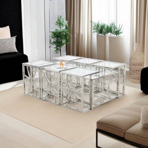 طقم طاولات خدمة سطح زجاج - 130X70X45 سم - 7 قطع - فضي