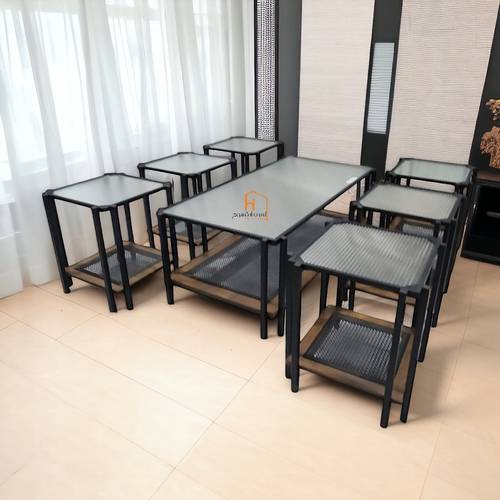طقم طاولات خدمة سطح زجاج - 120X60X46 سم - 7 قطع -كوفي