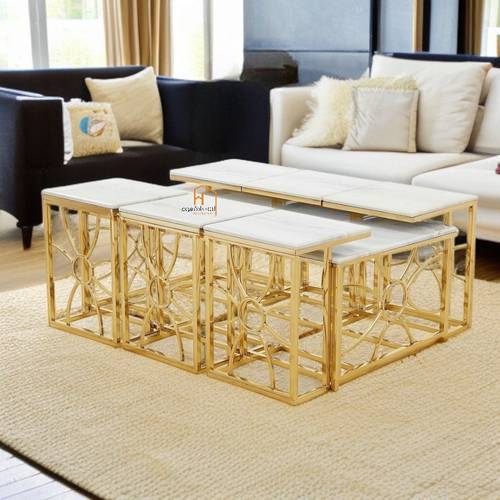 طقم طاولات خدمة سطح رخام - 130X70X45 سم - 7 قطع - ذهبي