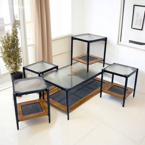 طقم طاولات خدمة سطح زجاج - 120X60X45 سم - 5 قطع - بني