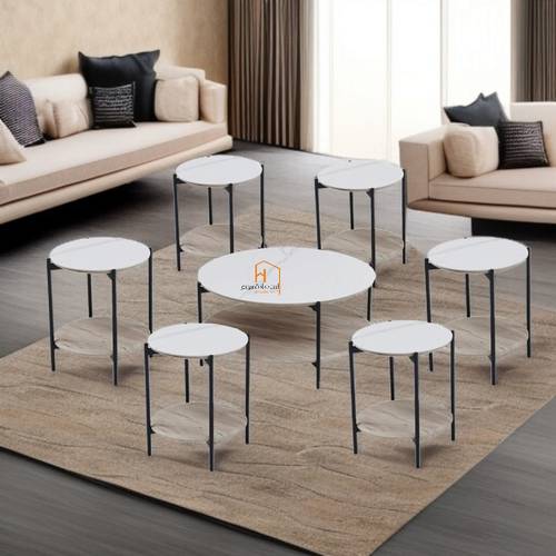 طقم طاولات خدمة سطح سيراميك - 90X90X45 سم - 7 قطع - بيج