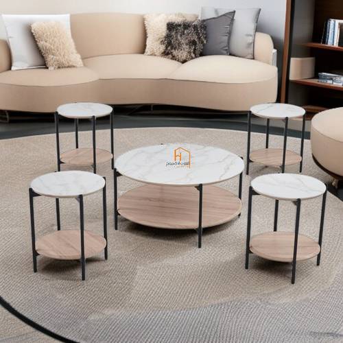 طقم طاولات خدمة سطح سيراميك - 90X90X45 سم - 5 قطع - خشبي