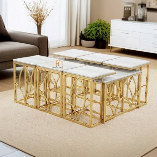 طقم طاولات خدمة سطح رخام - 130X70X45 سم - 7 قطع - ذهبي