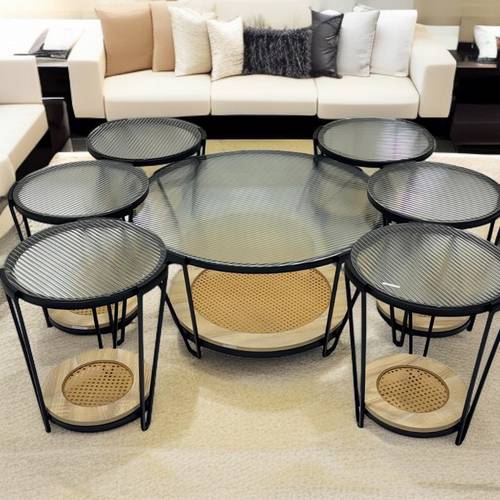طقم طاولات خدمة سطح زجاج - 120X60X46 سم - 7 قطع - خشبي