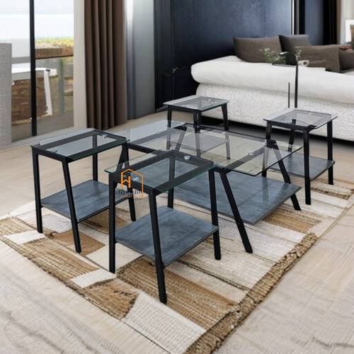 طقم طاولات خدمة زجاج & خشب - 120X60X45 سم - 5 قطع