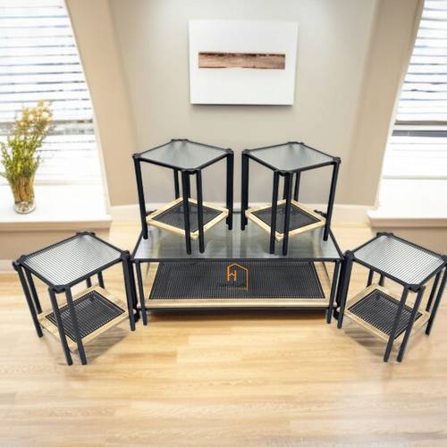 طقم طاولات خدمة سطح زجاج - 120X60X46 سم - 5 قطع -خشبي