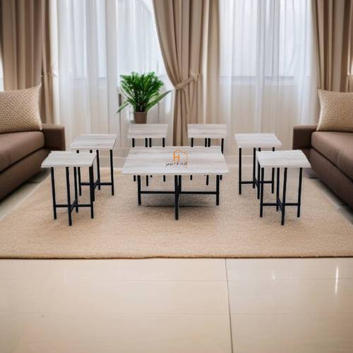 طقم طاولات شاي خشب- 7 قطع - 90X90X45 سم  - خشبي فاتح