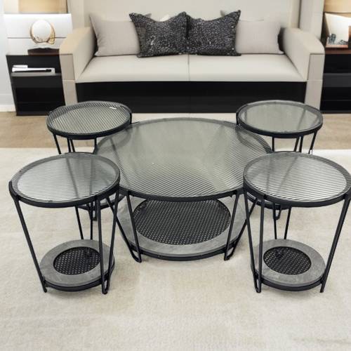 طقم طاولات خدمة سطح زجاج - 120X60X46 سم - 5 قطع - رمادي