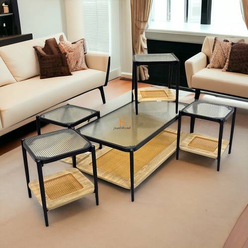 طقم طاولات خدمة سطح زجاج - 120X60X45 سم - 5 قطع - خشبي