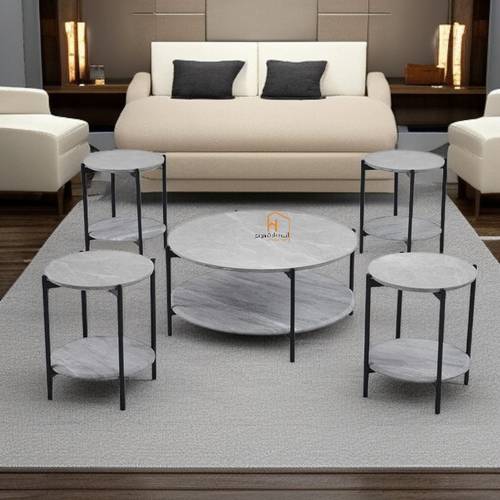طقم طاولات خدمة سطح سيراميك - 90X90X45 سم - 5 قطع - بني