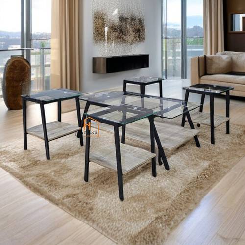 طقم طاولات خدمة زجاج & خشب - 120X60X45 سم - 5 قطع